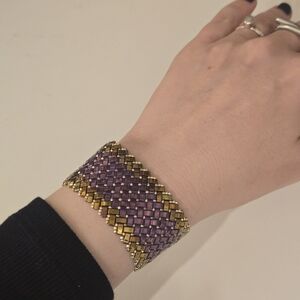 Tila Bead bracelet Herringbone Opalescent Purple Miyuki Wide Iridescent Gold
